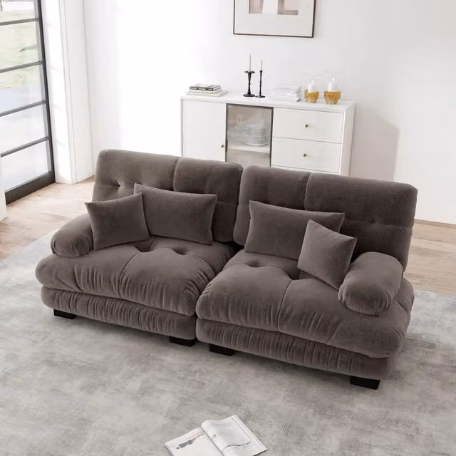Divano 2 posti in ciniglia marrone per soggiorno, struttura in legno massello, con 4 cuscini, 220 x 77 x 81 cm