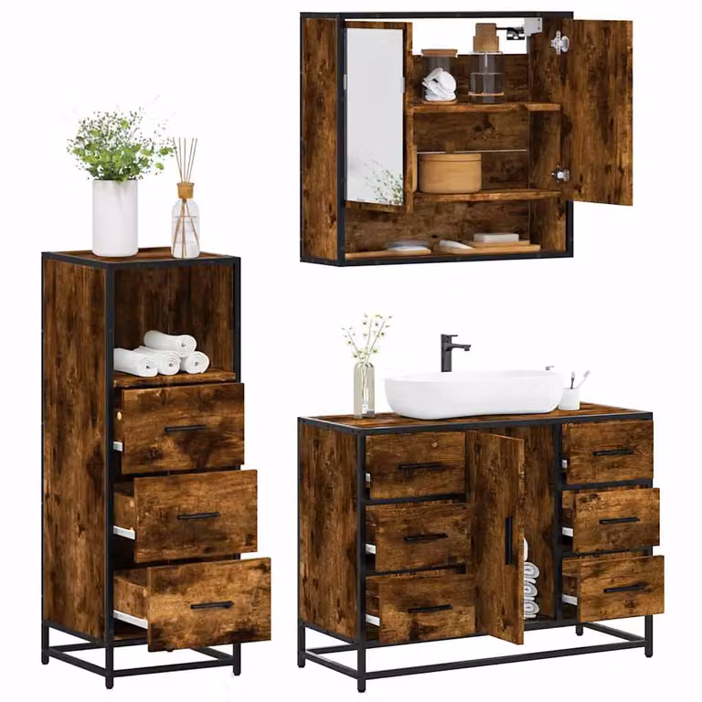 Set di mobili da bagno industrial vidaXL in legno e metallo color marrone composto da mobile sottolavabo, armadietto laterale e pensile con specchio e illuminazione LED