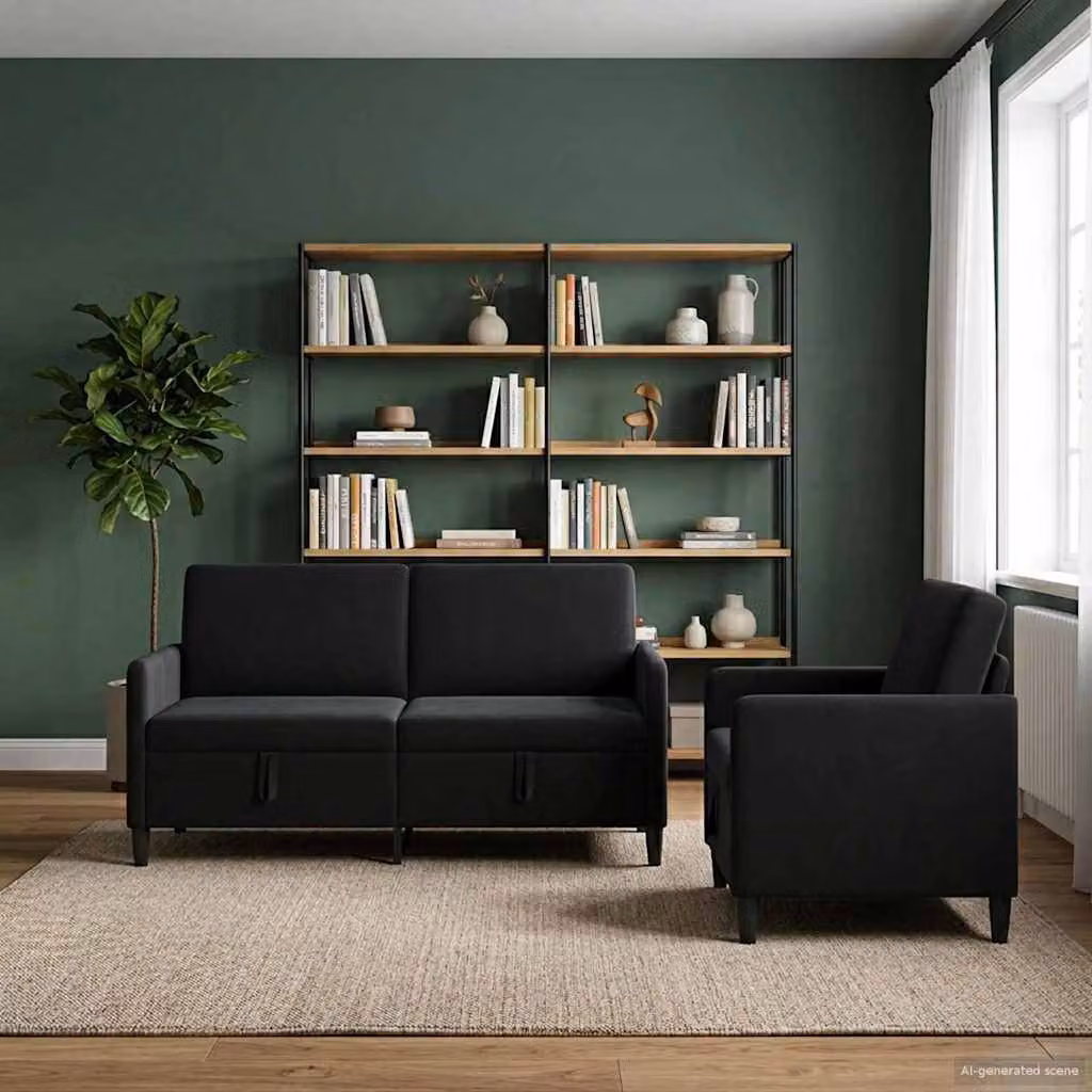 Set di 2 divani moderni vidaXL con contenitore a sollevamento, rivestimento in tessuto nero e struttura imbottita per il tuo soggiorno