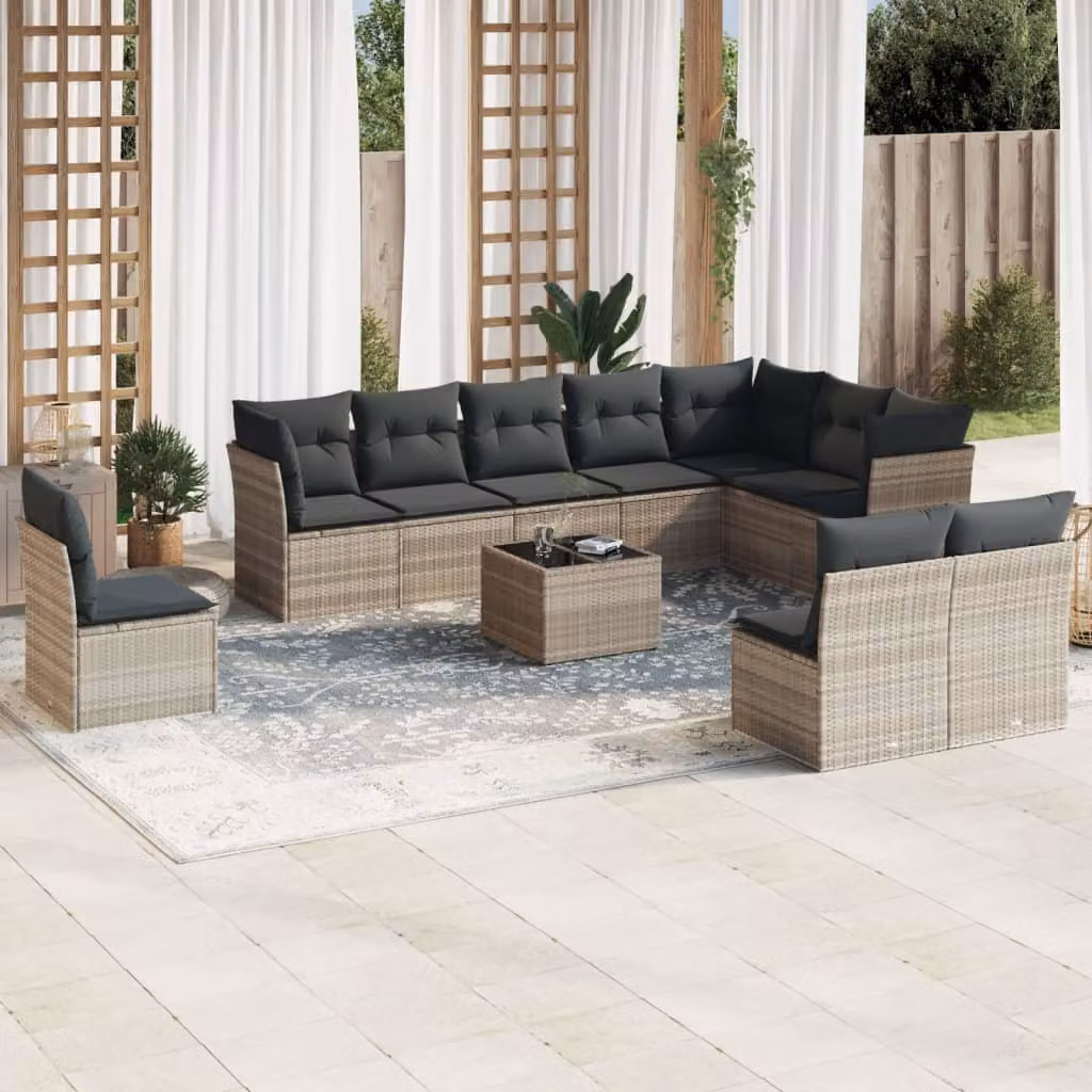 vidaXL Set Divani da Giardino 11 pz in Polyrattan Grigio con Cuscini e Tavolino da Esterno – 1