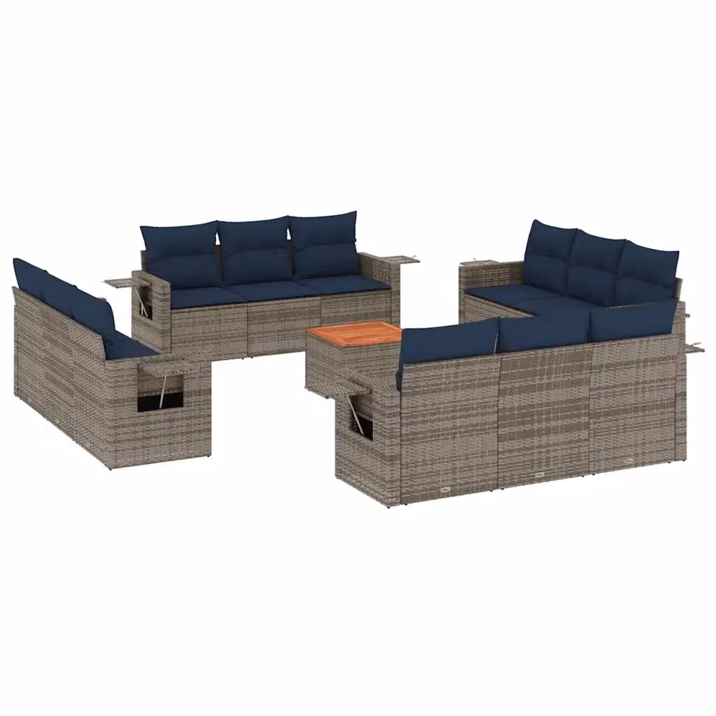 Set di divani da giardino a forma di U vidaXL in polyrattan con cuscini grigi e blu e tavolino da caffè – 2
