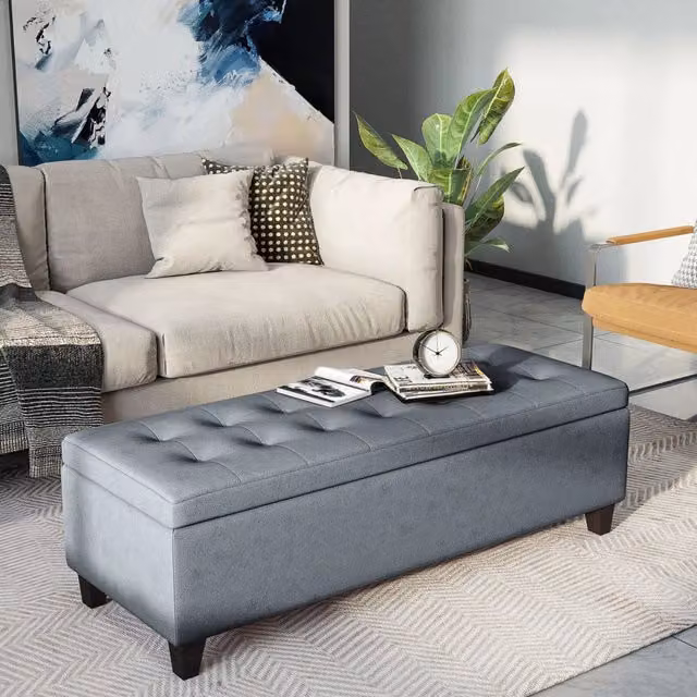Panca contenitore imbottita con coperchio 125x49x41;5 cm in poliestere grigio
