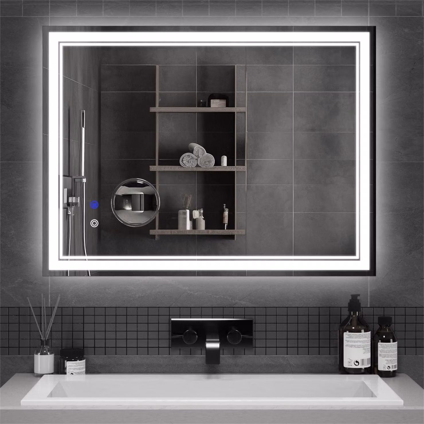 Specchio da bagno a LED, 80x60 cm, con interruttore touch, antigoccia e dimmerabile