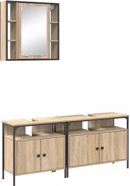 Set di mobili per il Bagno | Armadio da bagno 3 pz Marrone Legno multistrato