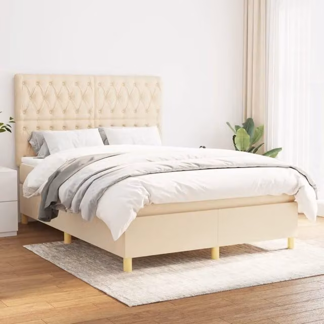 Letto Ibrido con Giroletto a Molle e Materasso vidaXL in Tessuto Beige e Bianco L/P/H: 140 x 190 x 128 cm