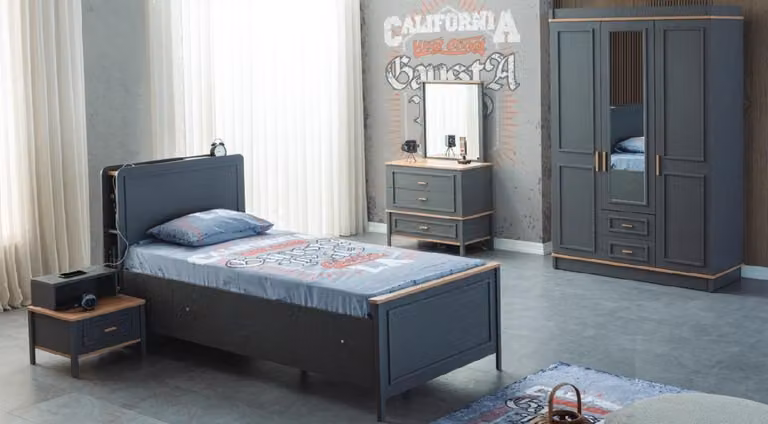 Kinderbett Kinderzimmer Kindermöbel Garnitur Bett Grau Holz Set 5tlg