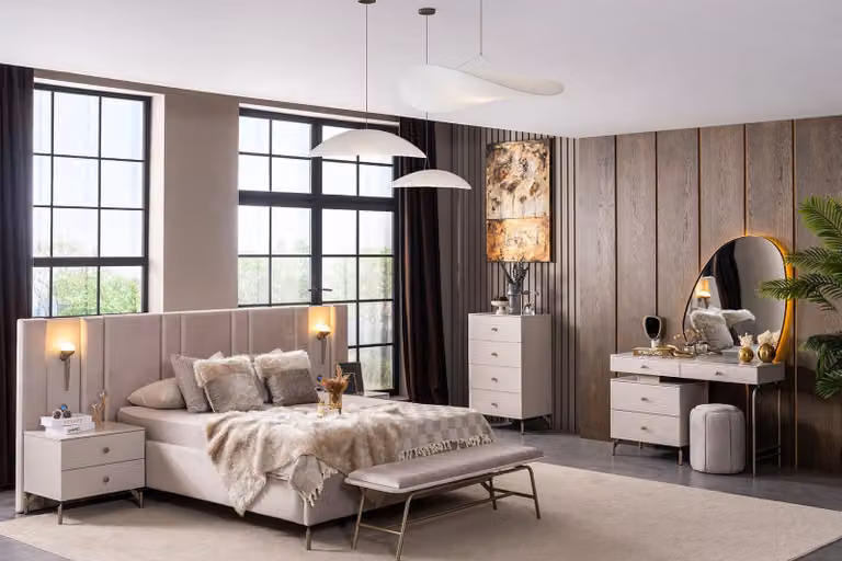 Tavolino da notte, banco, cassettiera, tavolino da trucco, specchio, pouf, stile moderno, colore beige