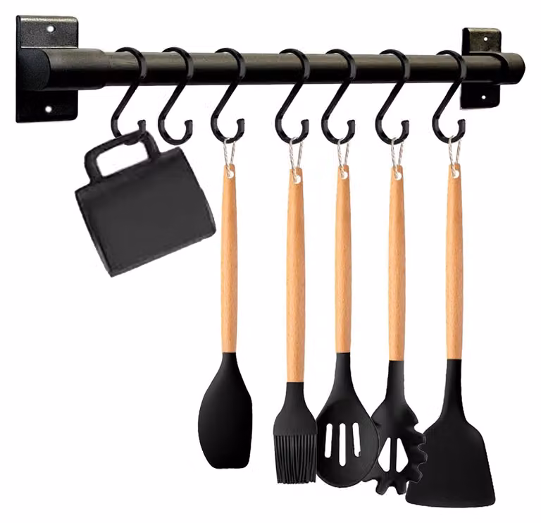 Ripiano da cucina in alluminio nero con ganci