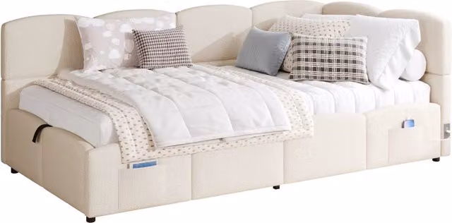 Letto contenitore modello divanetto in velluto beige con porte di ricarica USB-A e USB-C e tasche laterali, L/P: 90 x 200 cm – 1