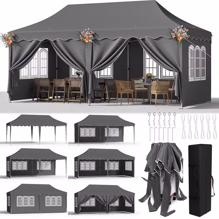 Gazebo da esterno 3x6 metri, grigio, impermeabile, con 6 pareti laterali e protezione UV 50+
