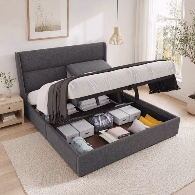 Letto matrimoniale MODFU con contenitore idraulico e testiera regolabile in tessuto grigio L/P: 160 x 200 cm