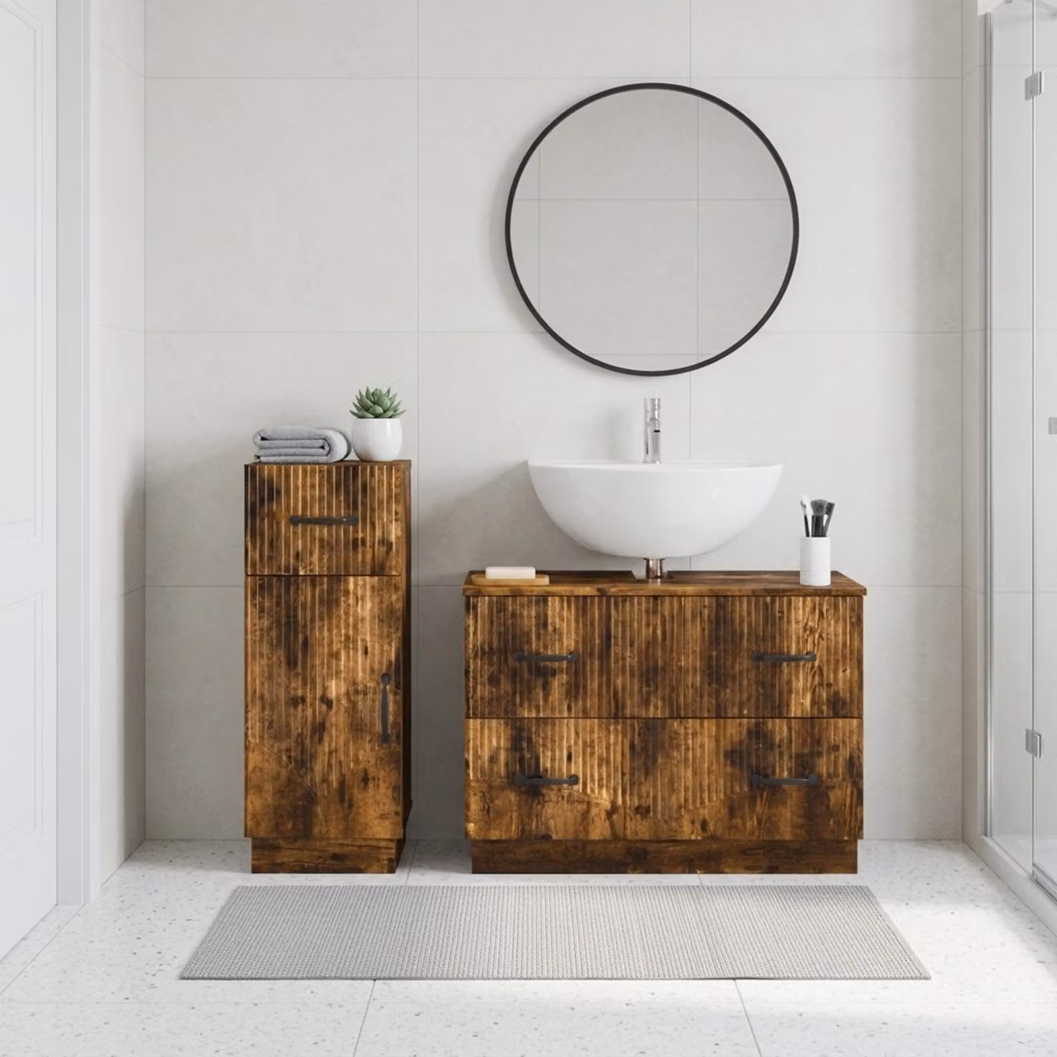 Set di mobili da bagno vidaXL HOORN composto da 2 pezzi in legno color rovere fumo marrone con base e mobile laterale moderno
