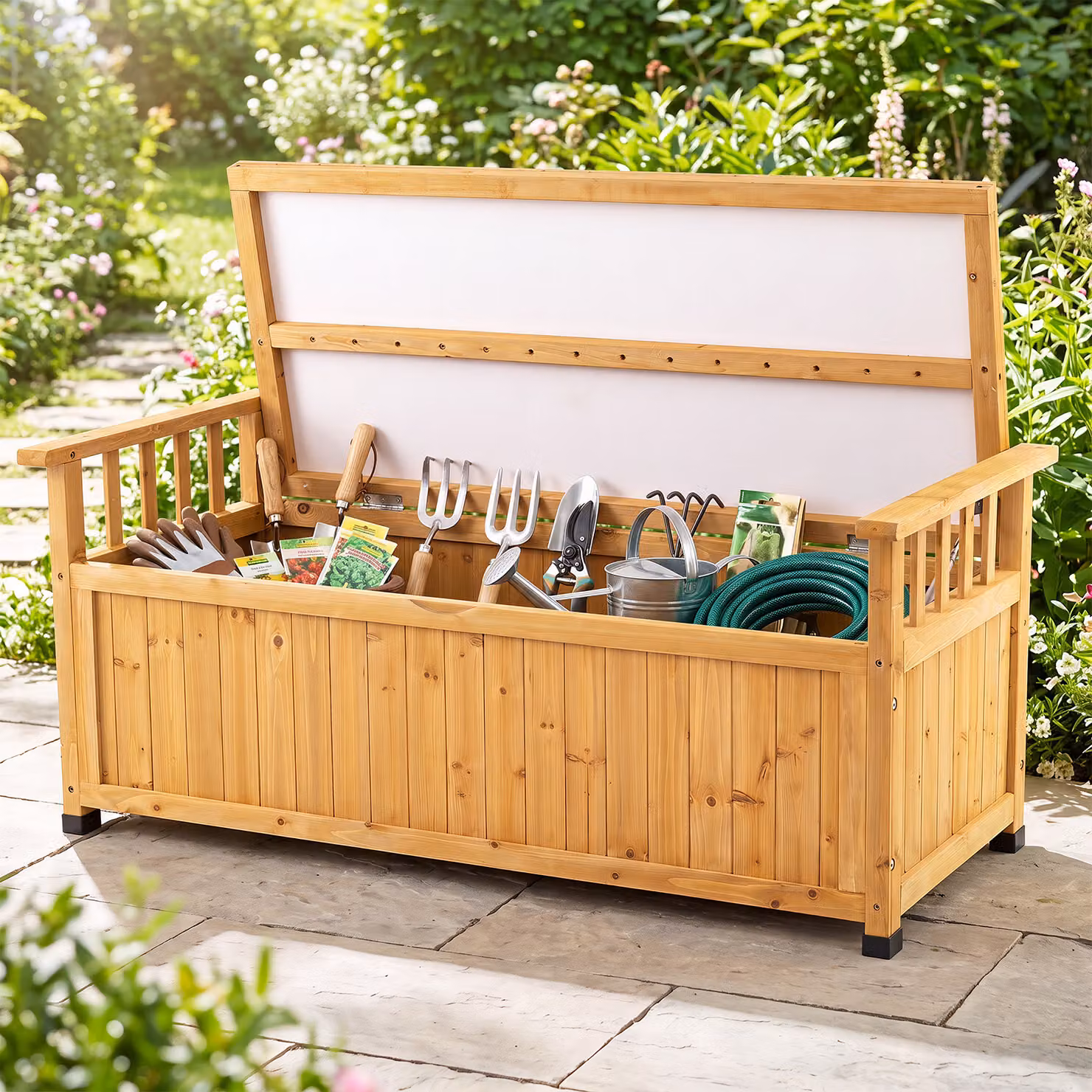 Panchina con contenitore 2 in 1 Costway in legno di abete marrone con braccioli e fodera impermeabile per giardino e terrazzo