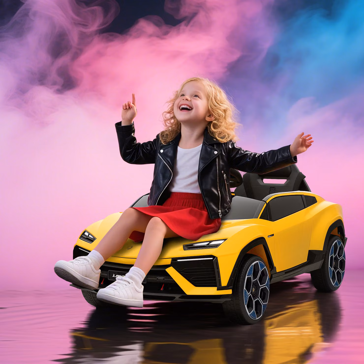 AIYAPLAY Auto elettrica per bambini 12V con telecomando 2,4 GHz, 2 motori, clacson, LED e musica, Giallo, L 101,5 cm x P 49 cm x H 43 cm – 2