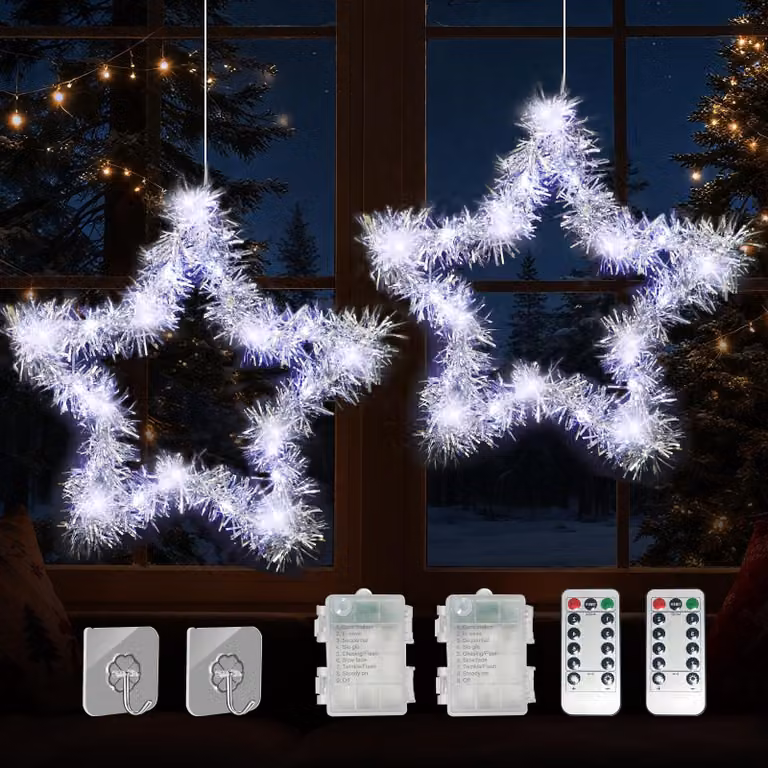 Stella a forma di finestra, colore argento, con 20 LED a luce bianco caldo, telecomando e 8 modalità di illuminazione
