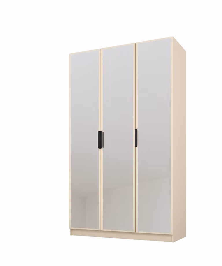 PAWS MOBEL Armadio inclinabile beige 150x52x200 cm, armadio a tre ante aperto con specchi sui frontali, ripiani e appendiabiti