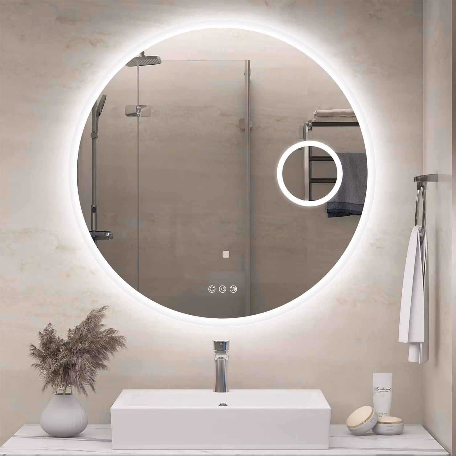 Specchio da bagno LED rotondo, 80 cm di diametro, con Bluetooth e ingrandimento 5x
