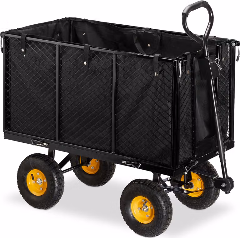 Carrello da giardino Relaxdays, grande carrello con sponde laterali ribaltabili, telone rimovibile con maniglie, 500 kg, nero