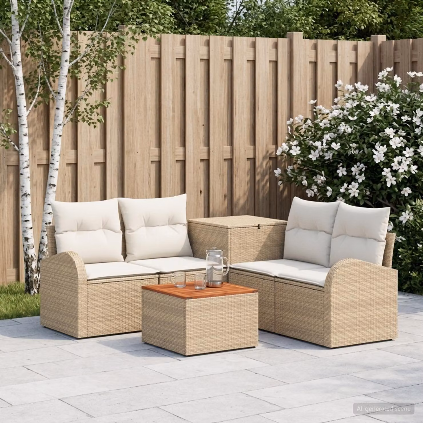 Set di divani da giardino vidaXL 6 pezzi beige e bianco con struttura in acciaio e tavolino da esterno coordinato