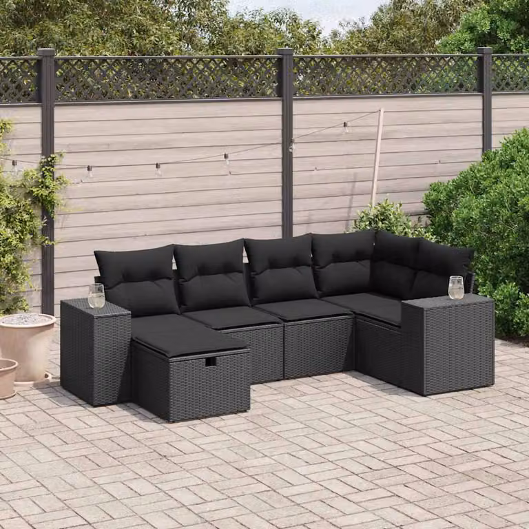 Set Divano da Giardino a L vidaXL 6 pz con Cuscini Nero in Polyrattan e Struttura in Acciaio