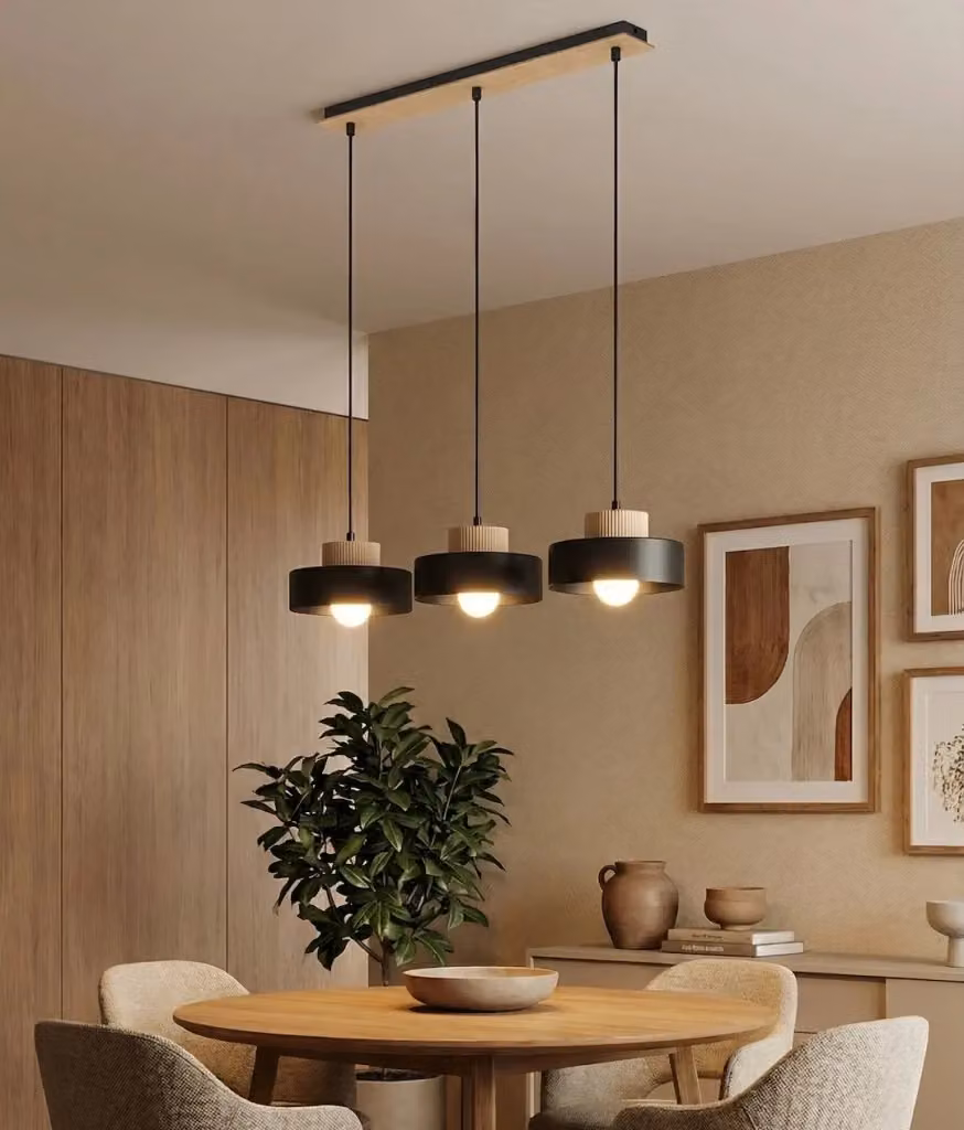 Lampada sospesa Japandi KIVI Emibig in legno e metallo nero con 3 x E27 – 2