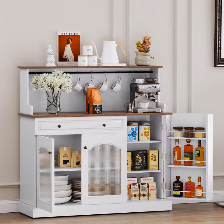 Mobile da cucina con piano di lavoro, mobiletto buffet bianco, mobiletto per vini con cassetto e ripiano superiore, dimensioni 120x120x40 cm