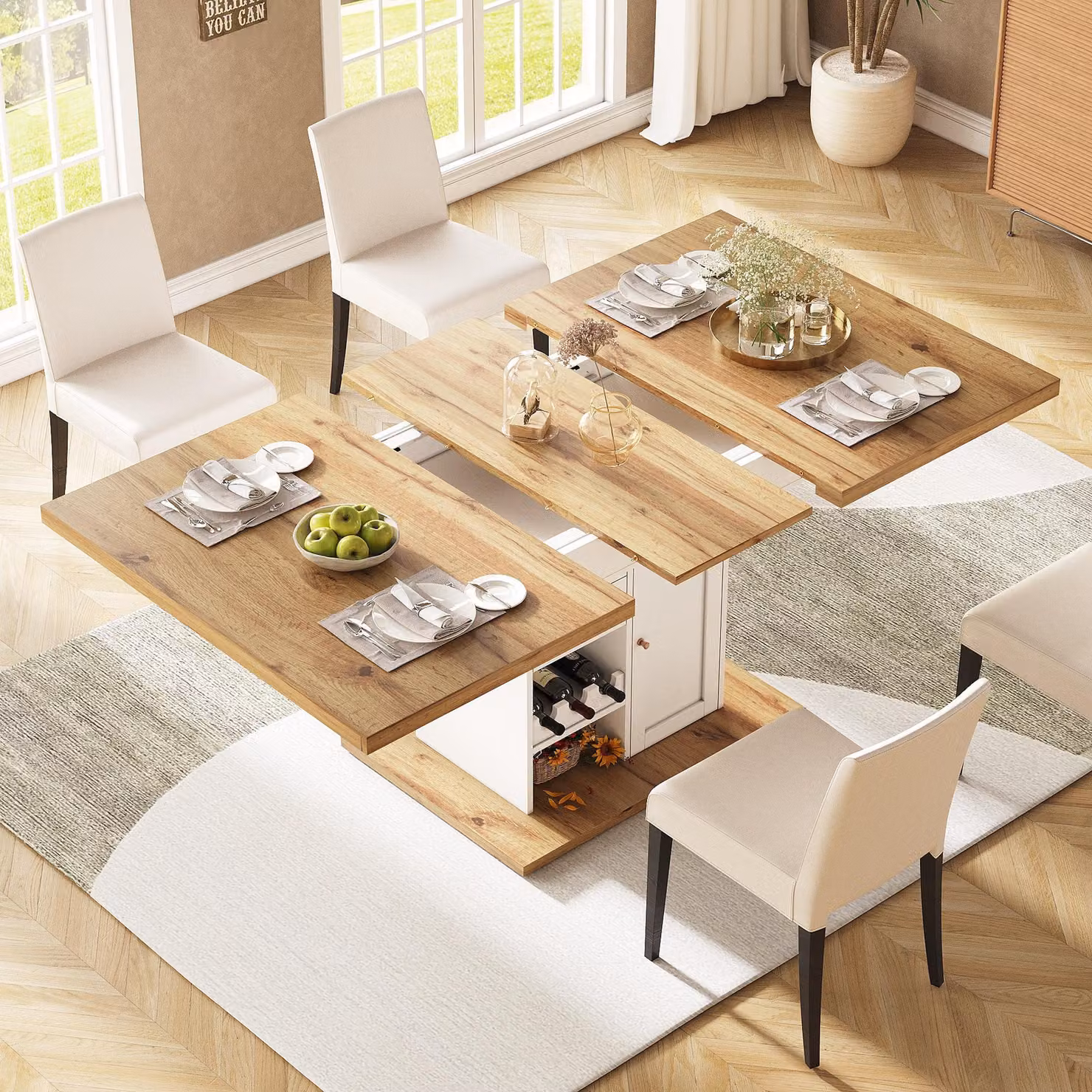 Tavolo da pranzo Flieks allungabile, tavolo telescopico con armadio, tavolo 110-140x80x75 cm, tavolo da cucina rettangolare, colore legno e bianco