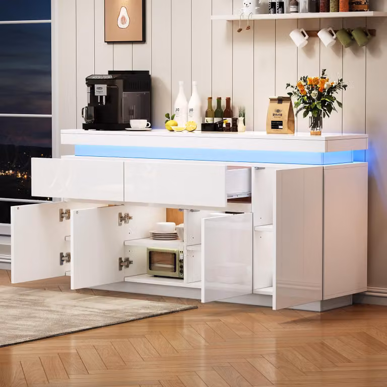 MODFU cassettiera con cassetti e scaffale a LED, credenza con ripiani regolabili, cassettiera con 4 ante e diversi vani portaoggetti, bianco
