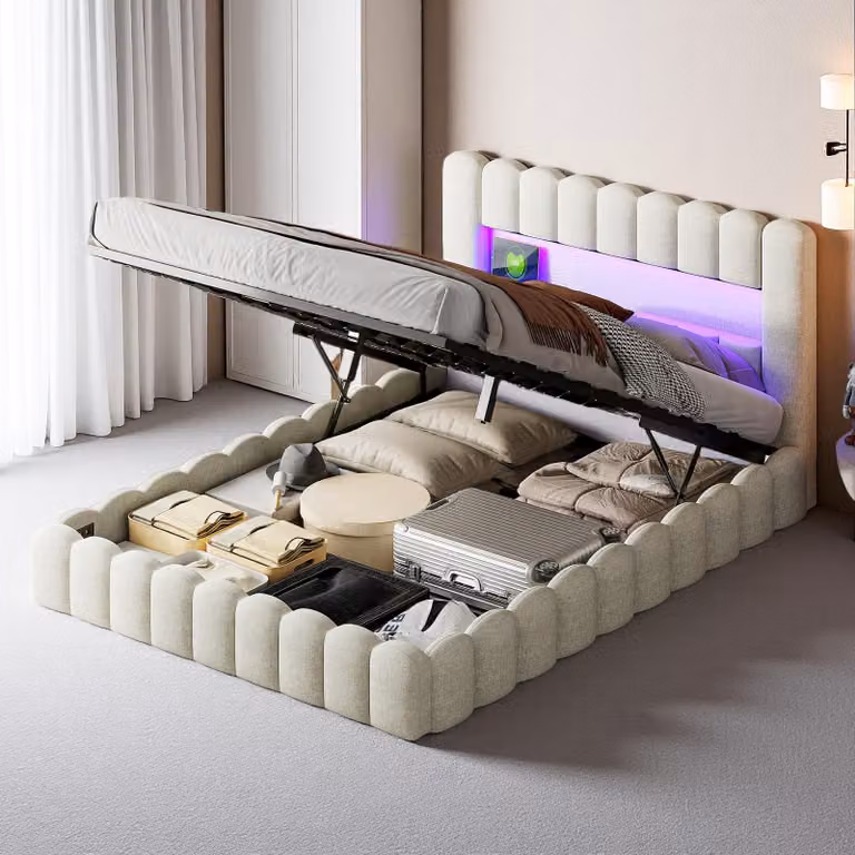 Letto imbottito Fortuna Lai 140x200 cm, LED, USB, letto contenitore con rete a doghe, letto per ragazzi in lino, beige