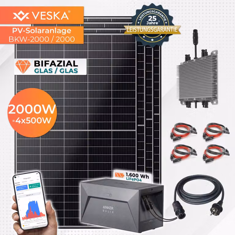 Centrale elettrica da balcone 2000W Bifacciale con accumulo Anker Sistema solare fotovoltaico vetro/vetro set completo WIFI Smart mini impianto fotovoltaico 2000 watt