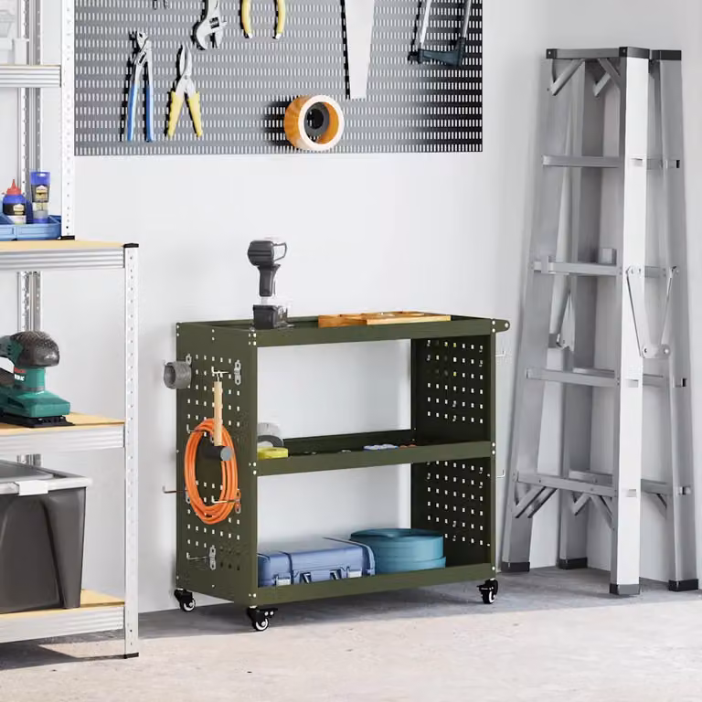 vidaXL Carrello per Attrezzi con Ruote in Acciaio Verde Oliva L: 75 cm, P: 35 cm, H: 73 cm