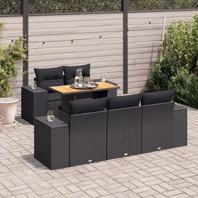 Set Divano da Giardino 6 pz con Cuscini Nero in Polyrattan 3327324