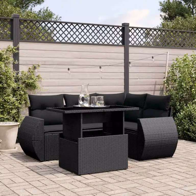 vidaXL Set Divani da Giardino 5 pz a Forma a L in Polyrattan Nero con Cuscini e Tavolino