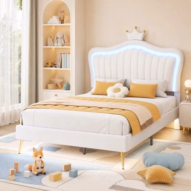 Letto per bambini imbottito con LED in similpelle bianco testiera regolabile rete a doghe inclusa