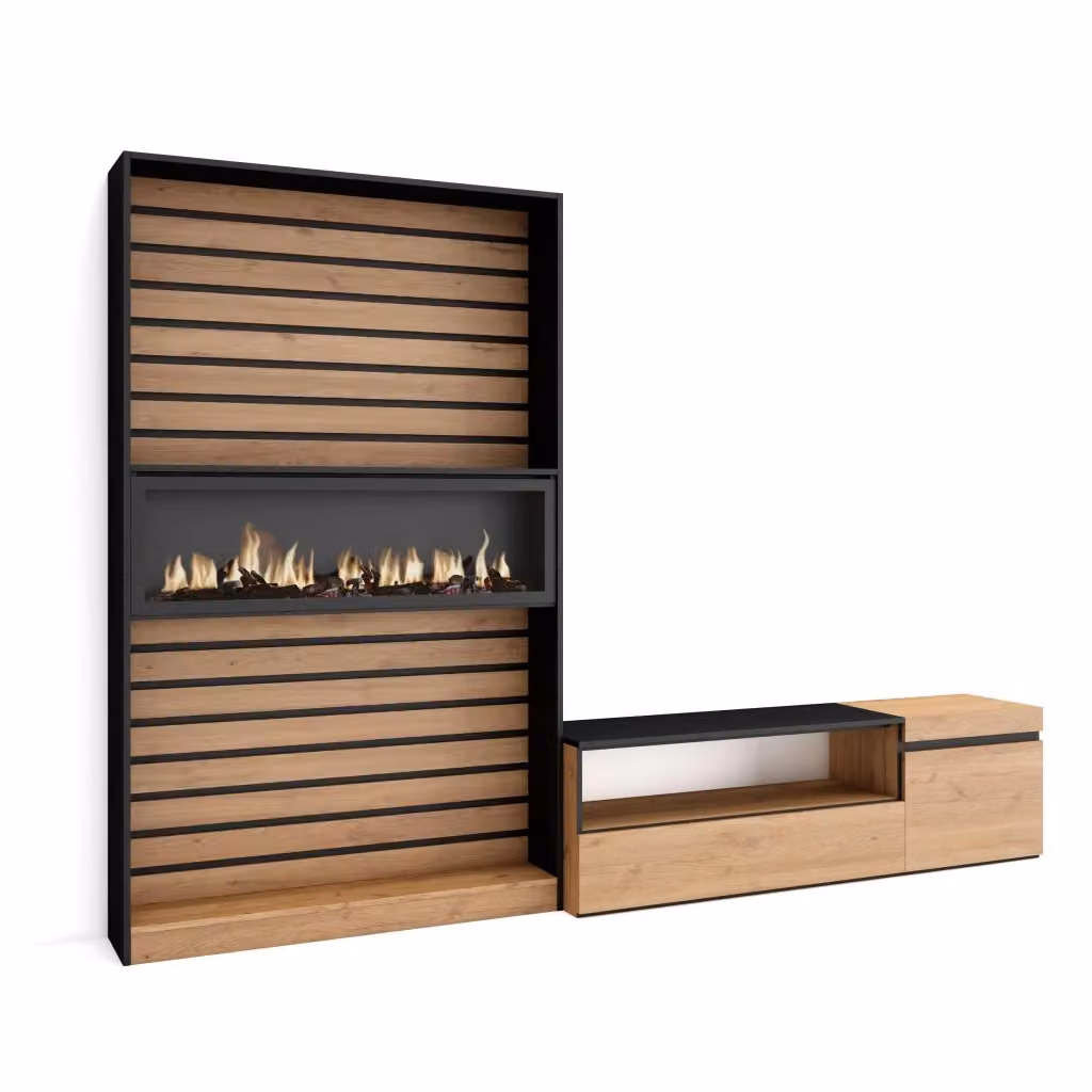 Mobile TV da soggiorno SKRAUT HOME con camino elettrico per TV fino a 65 pollici, colore Rovere e nero, L: 260 cm, P: 35 cm, H: 186 cm – 2