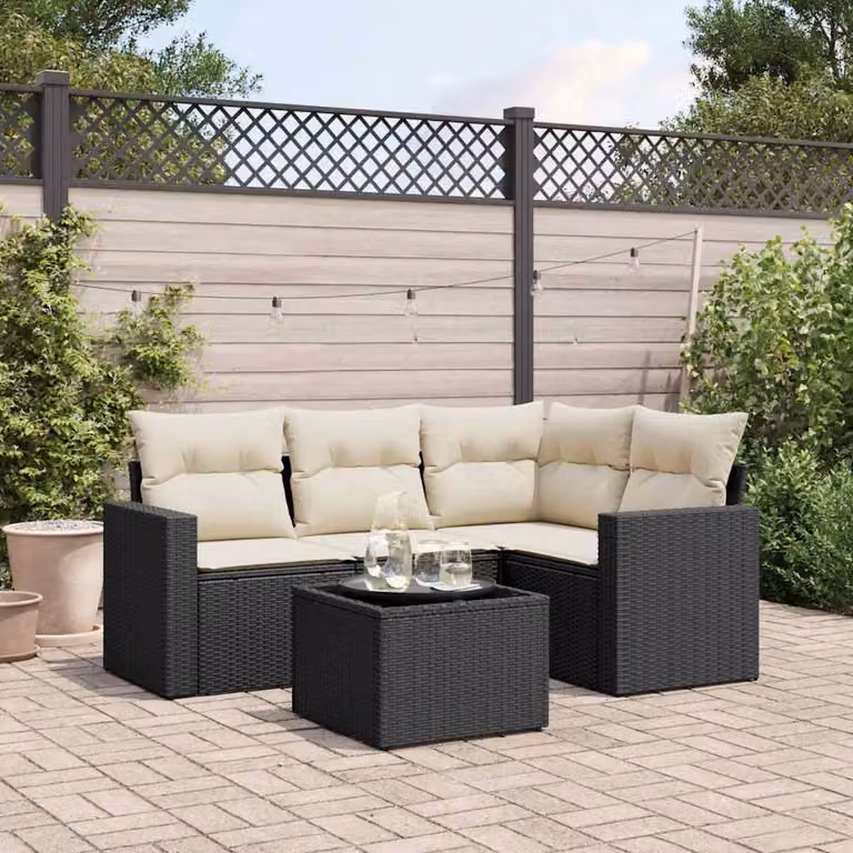 vidaXL Set Divani da Giardino a L 5 pz con Cuscini e Tavolino in Metallo e Polyrattan Nero e Bianco