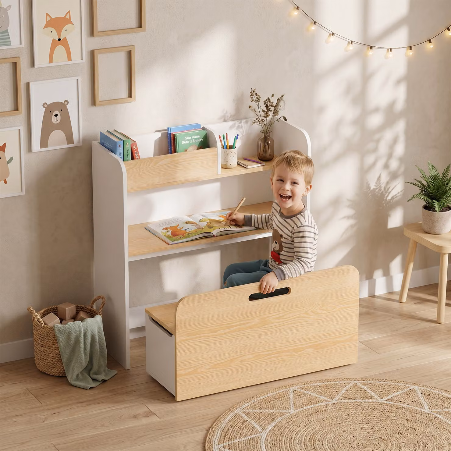 Tavolo 5 in 1 AIYAPLAY per bambini con panca contenitore e scaffale, bianco – 2