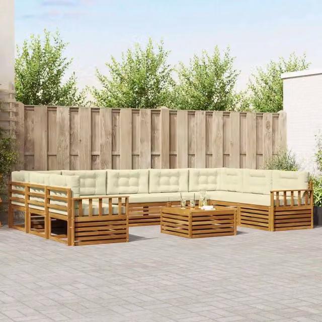 Set di divani da esterno a L vidaXL in legno di acacia con cuscini beige e bianco