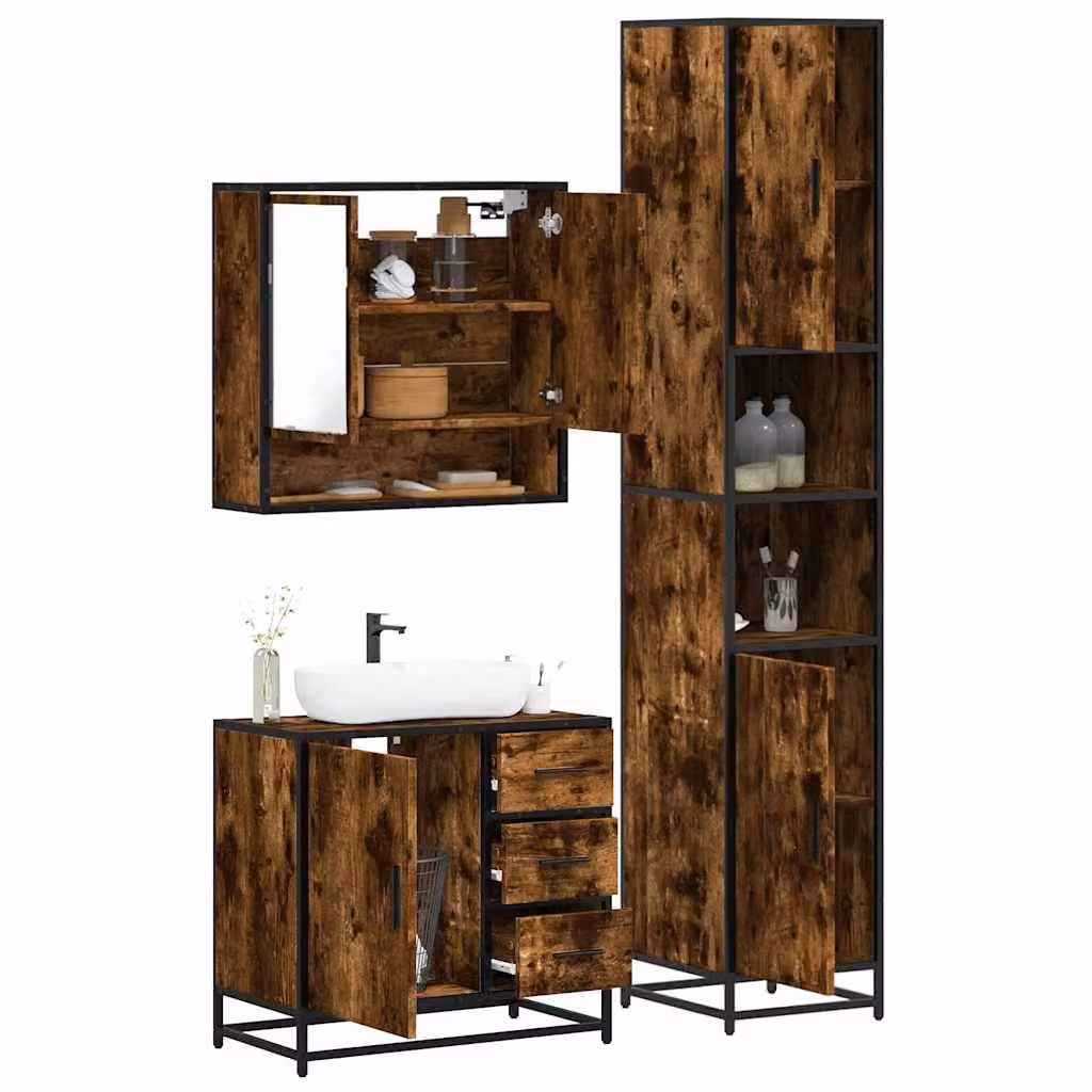 Set di mobili da bagno industrial vidaXL in 3 pezzi color rovere marrone con mobileto specchio, mobile lavabo e colonna alta in legno e metallo