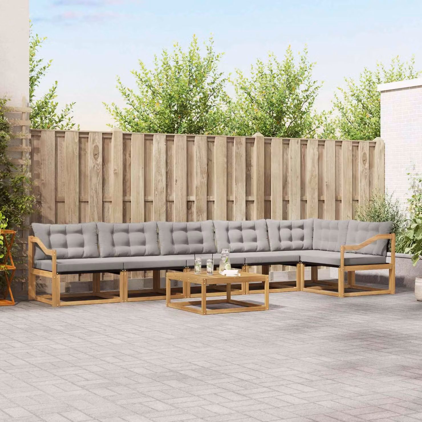 Set di divani da esterno vidaXL 7 pz in legno di acacia e textilene, Bianco e Grigio Chiaro