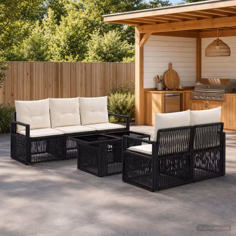 Set Divano da Giardino vidaXL 6 Pezzi in Polyrattan Moderno con Tavolino e Cuscini, Colore Nero e Bianco Crema
