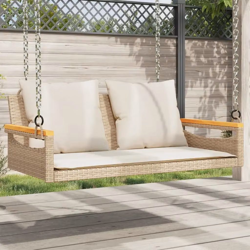 Panchina a dondolo da giardino in polyrattan con cuscini beige e struttura in legno di acacia L: 109 cm, P: 62 cm, H: 40 cm – 2