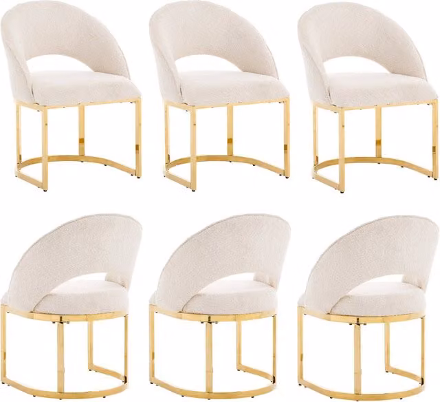 Set di 6 sedie da pranzo in bouclé con seduta confortevole e gambe metalliche galvanizzate beige e oro