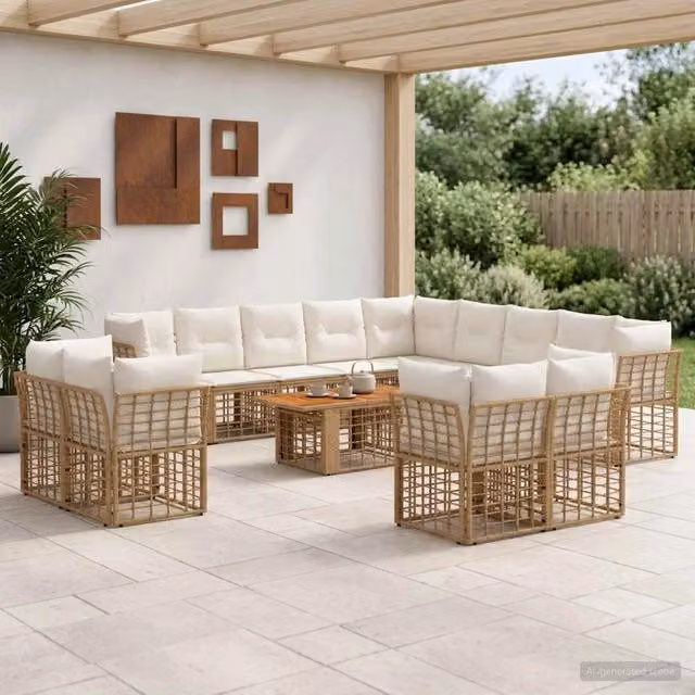Set Divano da Giardino a L con Polyrattan e Legno di Acacia vidaXL, 14 Pezzi, Colore Naturale e Bianco Crema con Cuscini Inclusi – 1
