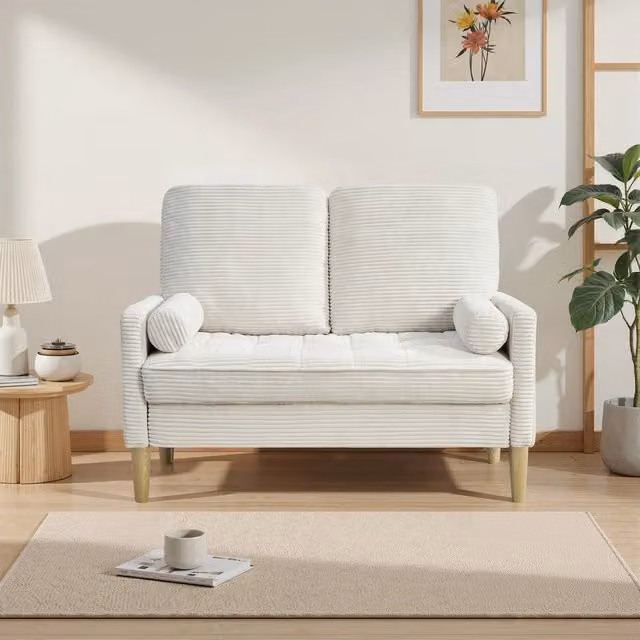 Divano 2 posti Minimal in tessuto beige e bianco con cuscini e struttura in legno massello in stile scandinavo – 1