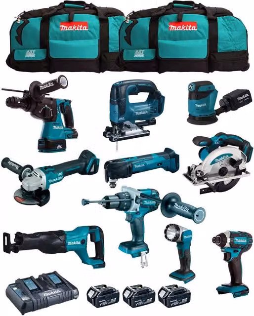Kit utensili a batteria Makita MK1002 con 11 macchine, 3 batterie da 5,0 Ah e 2 caricabatterie LXT600