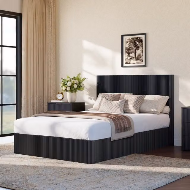 Letto contenitore con sistema di sollevamento idraulico 140 x 200 cm in MDF e metallo nero