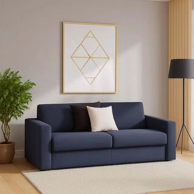 Divano a 2 posti Malachite di Talamo Italia, modello moderno in tessuto blu con braccioli slim, L: 160 cm, P: 95 cm, H: 90 cm