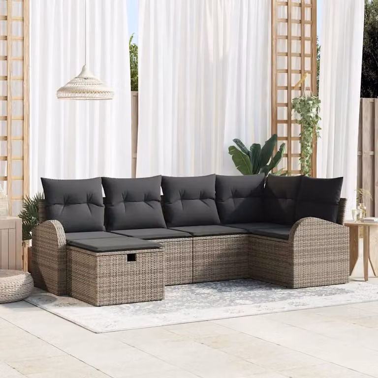 Set Divano da Giardino a L vidaXL in Polyrattan Grigio con 6 Pezzi e Cuscini