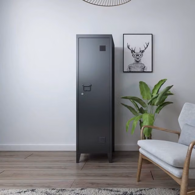 Armadio da ufficio in metallo en.casa Kurikka nero opaco con ante a battente e serratura L/P/H: 38 x 38 x 137 cm – 1